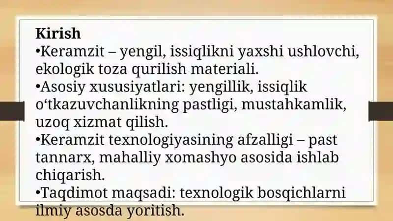 KERAMZIT MATERIALLARNI ISHLAB CHIQARISH TEXNOLOGIYASI TAQDIMOTREJASI 3