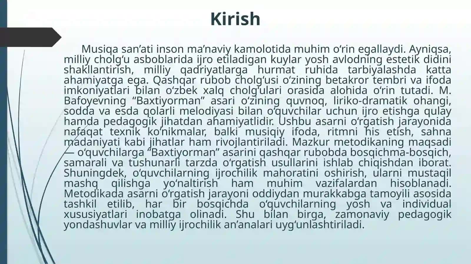 Qashqarrubobicholg‘usida “Baxtiyorman” asarini qashqar rubob cholg‘usida o‘rgatish metodikasi 3