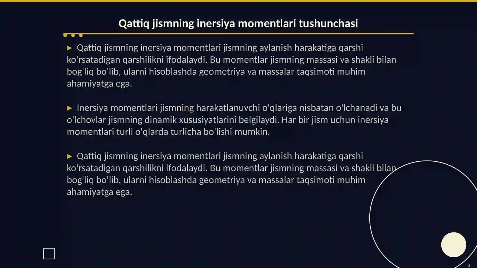 Qattiq jismning inersiya momentlari (oʻqqa nisbatan va aralash) 3