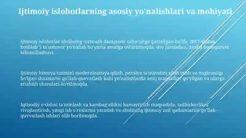 Oʻzbekistonda ijtimoiy sohada amalga oshirilayotgan islohotlar mazmun va mohiyati 3