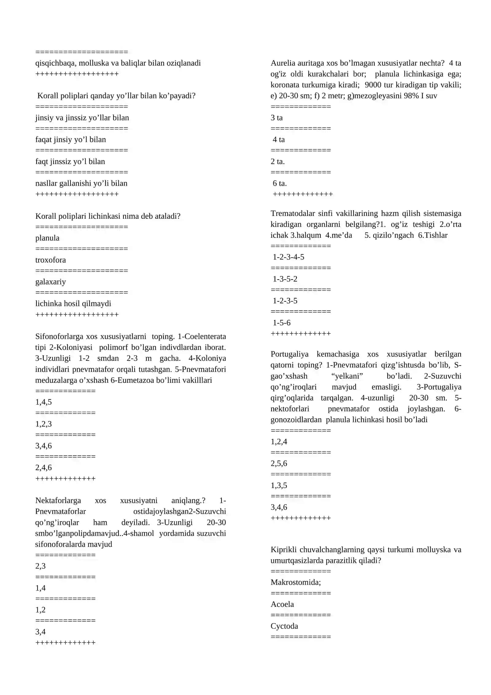 Biologiya ta`lim yo`nalishi 2-kurs kunduzgi guruh talabalarining oraliq nazorat savollari 3