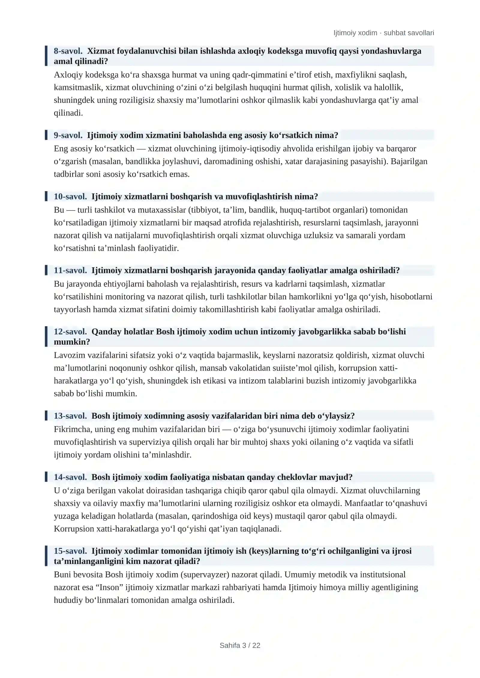 "Ijtimoiy xodim" uchun suhbat savollari va javoblari      Ijtimoiy himoya suhbat savollari javoblari bilan Ijtimoiy xodim — suhbat savollari va javoblari  Ijtimoiy xodim lavozimi uchun suhbat savollari  Ijtimoiy xodim ishga kirish savollari va javoblari  Ijtimoiy xodim — ishga qabul suhbatiga tayyorgarlik  Ijtimoiy xodim lavozimiga tayyor savol-javoblar 3