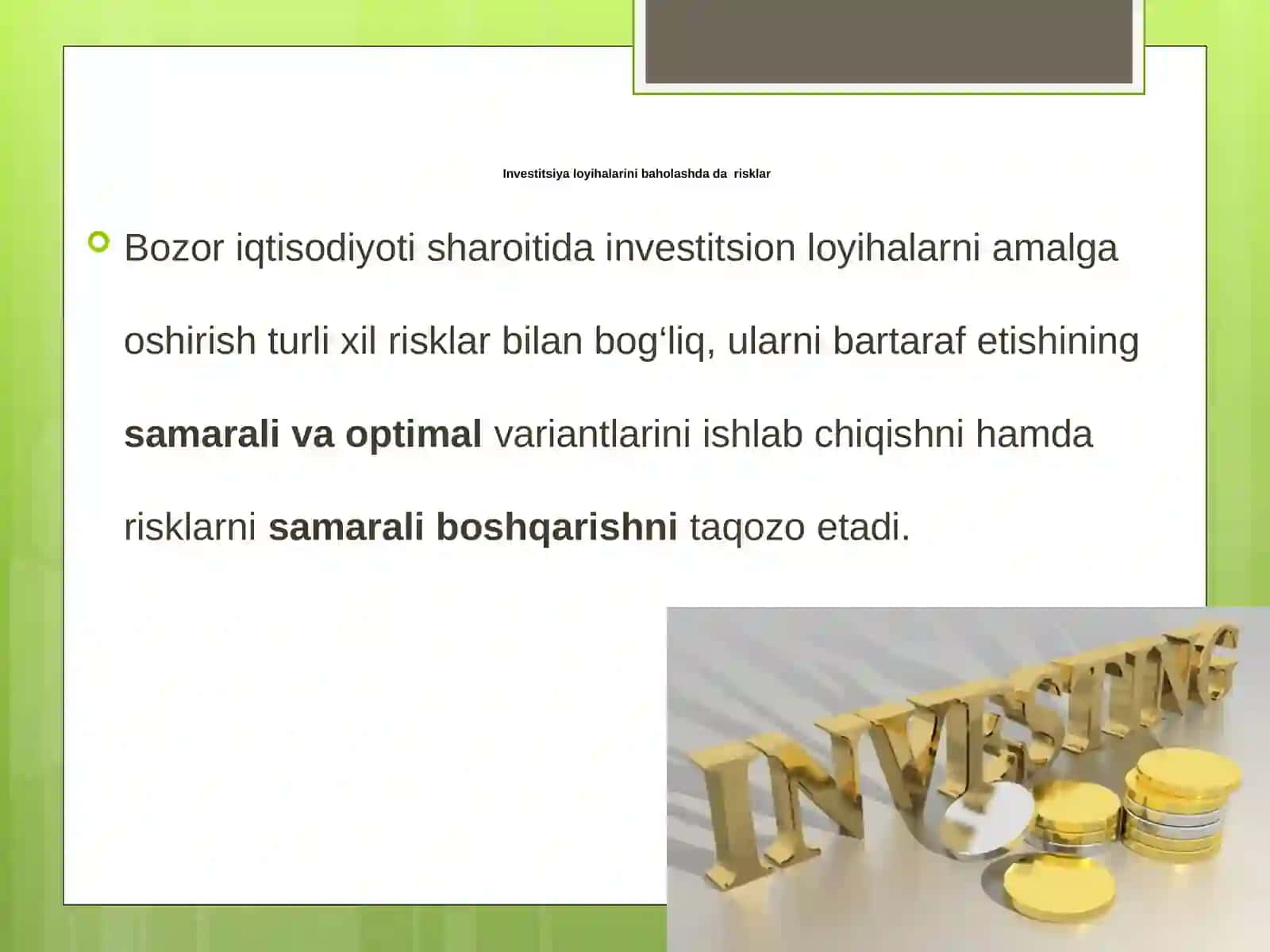 Biznesda investitsion baholashning amaliy jihatlari 3