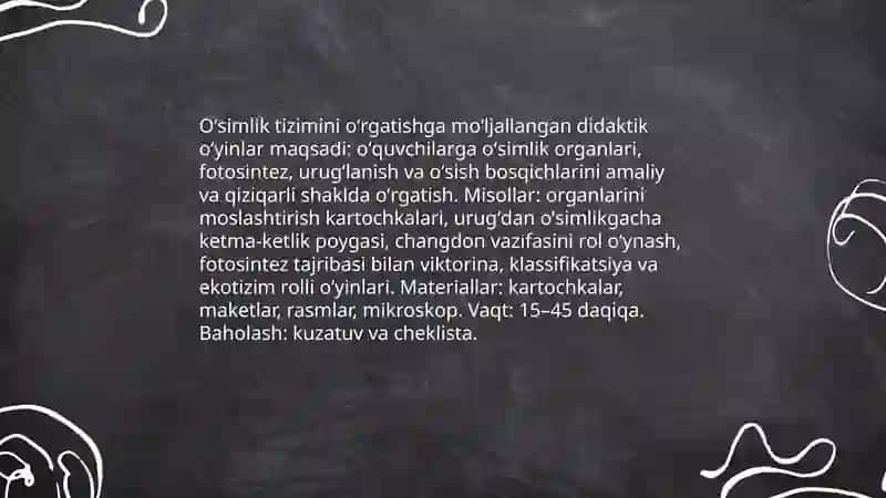 Tabiiy fanlar nazariyasi va metodikasi mavzularga mos didaktik oʻyinlar yozib kelish 3