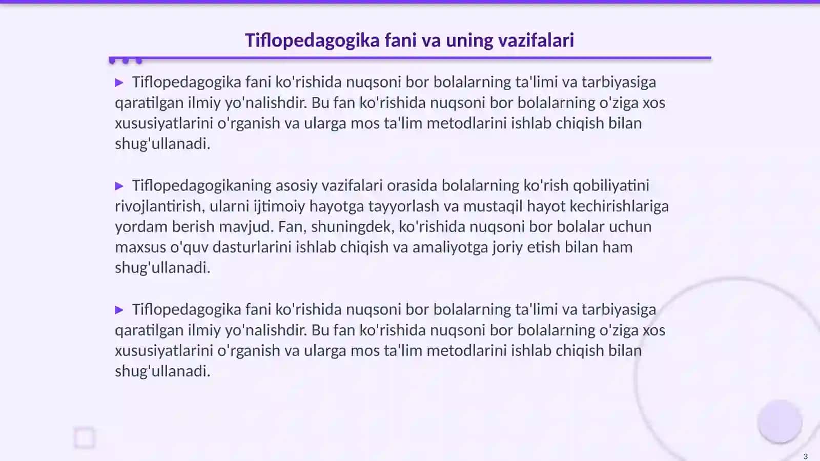 Tiflopedagogika fani vazifalari uslubiyati. Ko'rishida nuqsoni bor bolalarning o'ziga xos xususiyatlari 3