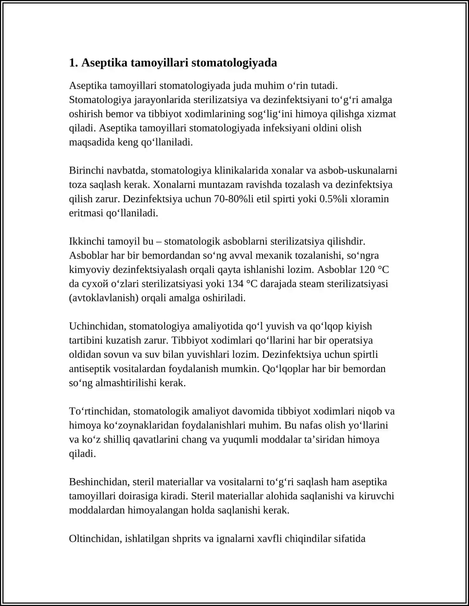 STOMATOLOGIYADA ASEPTIKA VA ANTISEPTIKA TAMOYILLARI. QO‘LLAR GIGIYENASI. QO‘LLARNI YUVISH TEXNIKASI 3