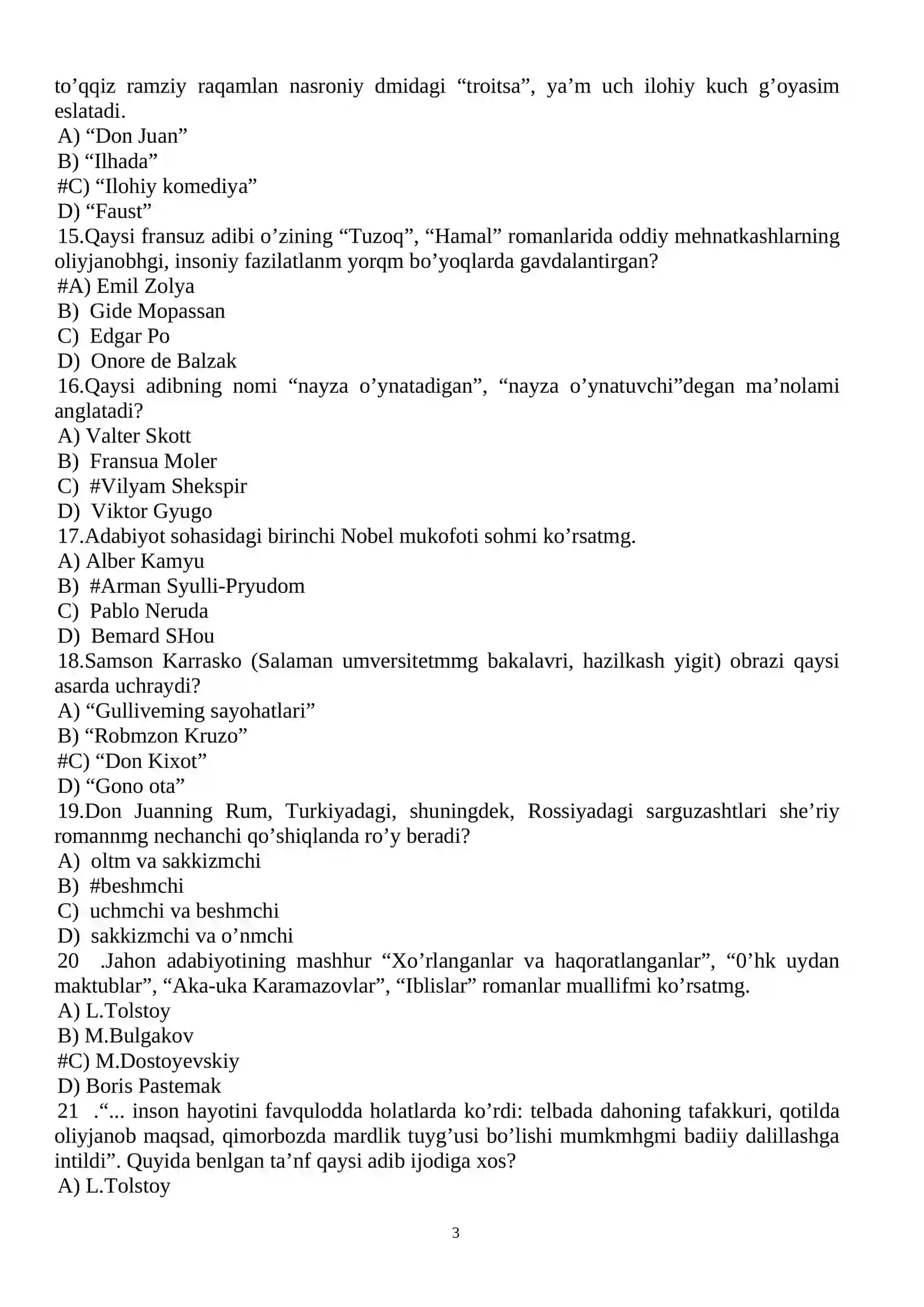 JAHON ADABIYOTT' famdan test savollan 3