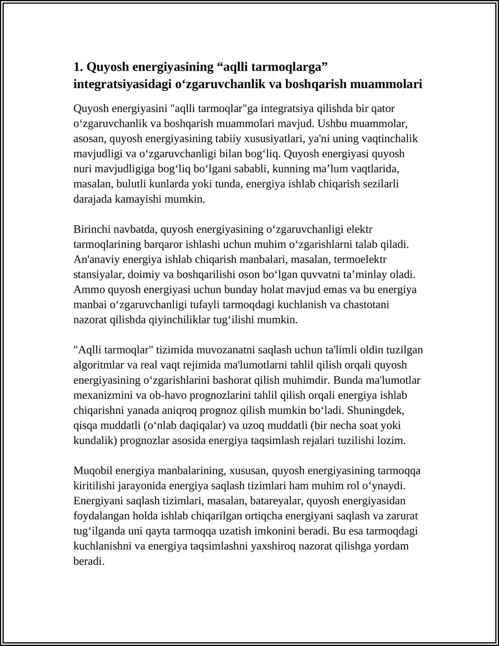 “AQLLI TARMOQLAR” (SMART GRID) TIZIMLARIDA MUQOBIL ENERGIYA MANBALARINI INTEGRATSIYALASH MUAMMOLARI VA YECHIMLARI 3