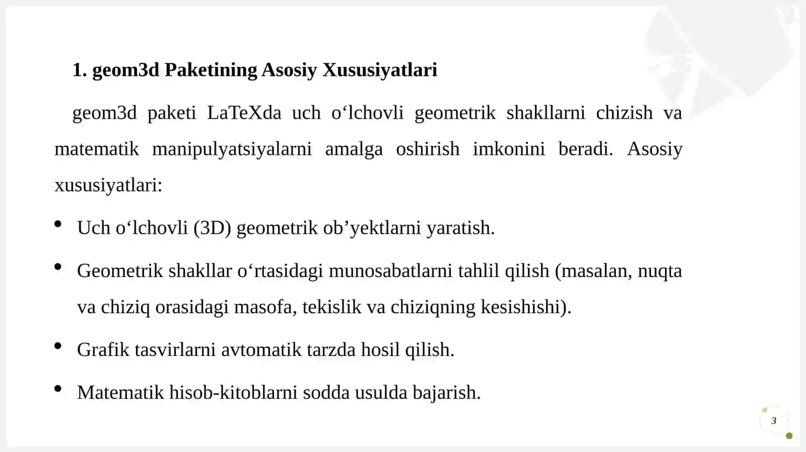 LaTeX'da geom3d Paketi: Funksiyalar va Qo‘llanilishi 3