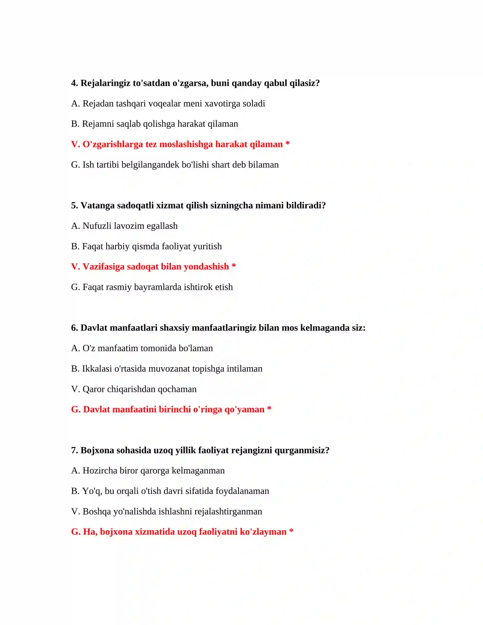 Bojxona psixologik test savollari va javoblari PDF 3