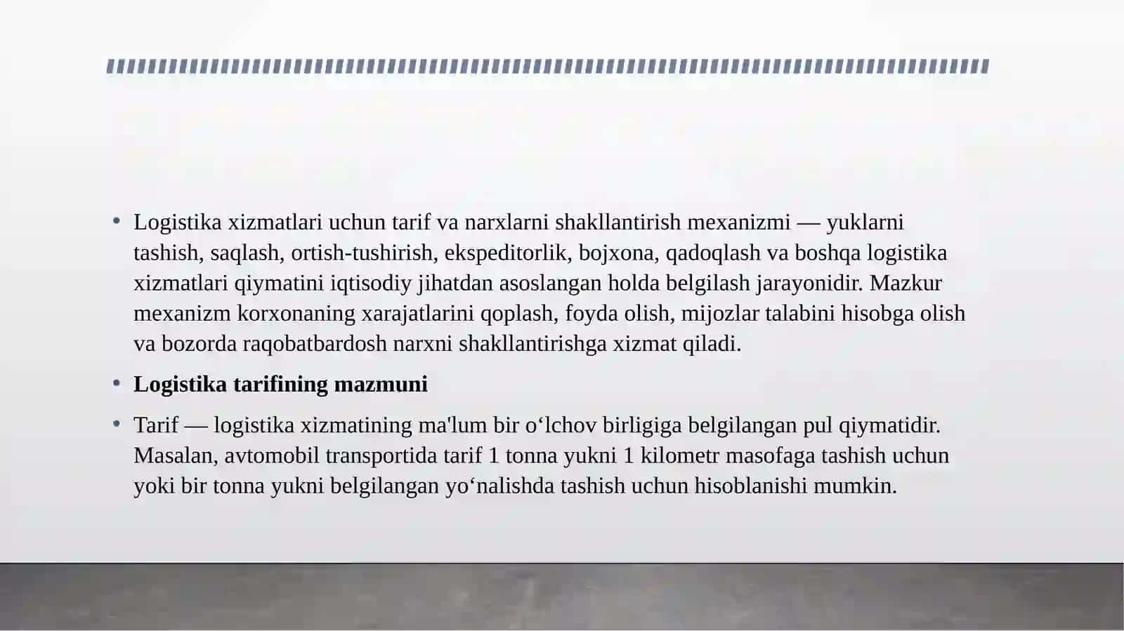 LOGISTIKA XIZMATLARI UCHUN TARIF VA NARXLARNI SHAKILLANTIRISH MEXANIZMI 3