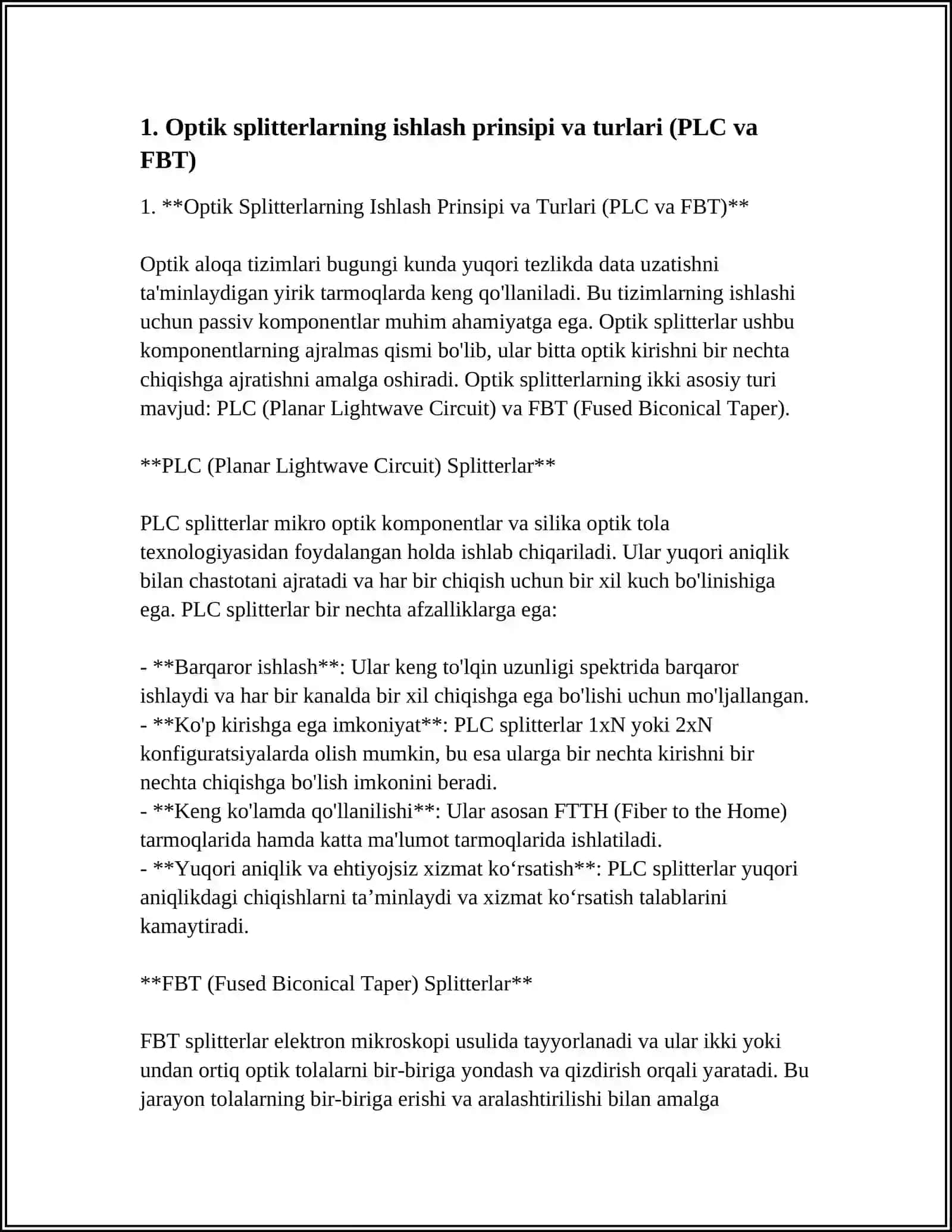 Optik Splitterlarning Ishlash Prinsipi va Turlari (PLC va FBT) 3