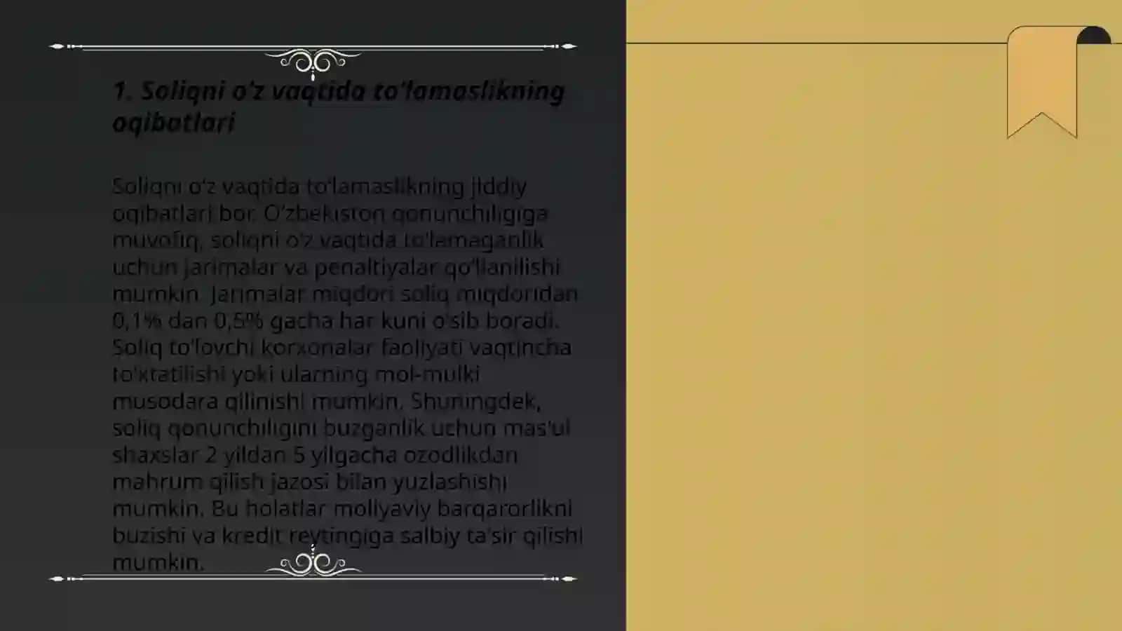 Soliq va majburiy toʻlovlarni õz vaqtida toʻlamaslik.Fuqarolar tomonidan qonunda belgilangan burchlarni bajarmaslik 3