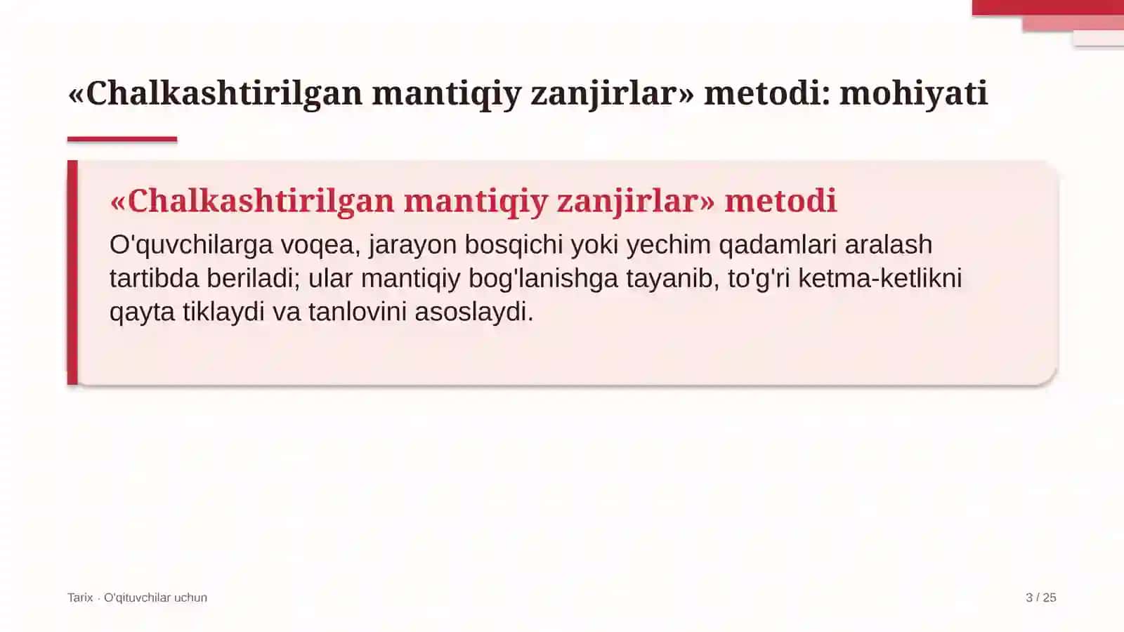 tarix darslarida chalkashtirilgan mantiqiy zanjirlar metodidan foydalanish 4580 3