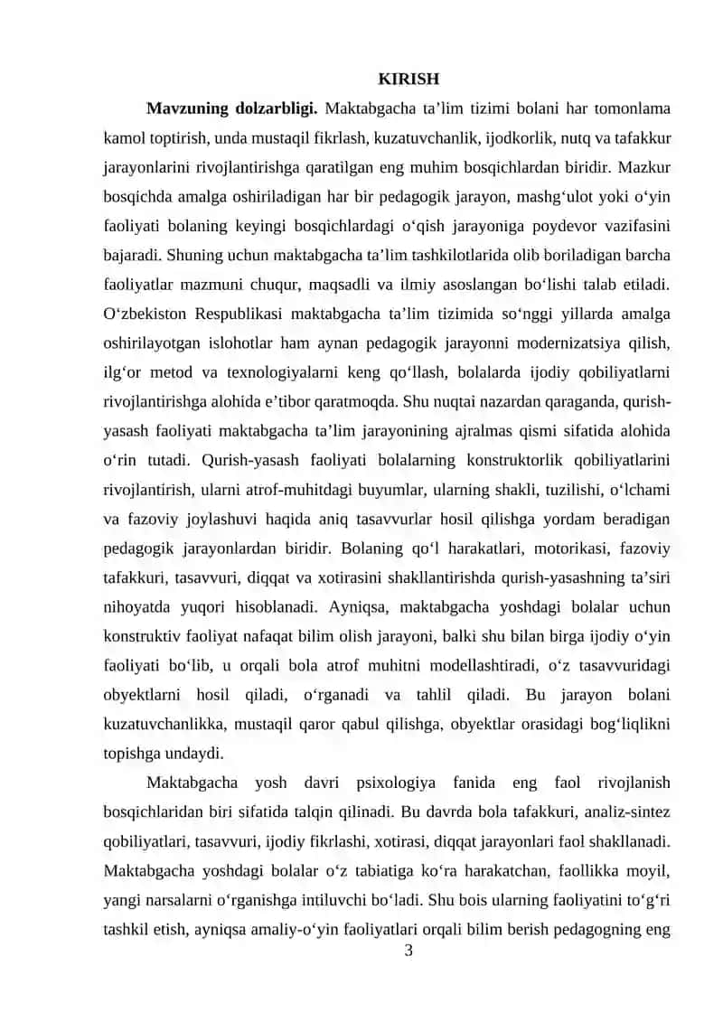 Maktabgacha ta'lim tashkilotlarida qurishyasash.Maktabgacha yoshdagi bolalarni qurish-yasash faoliyatini o'ziga xosligi. MTTda qurish-yasash turlari. Bola shaxsni shakllanishi qurish - yasashning ahamiyati. MTTda qurish-yasash mashg'ulotlari uchun ashyo va jihozlar. MTTning yosh guruhlarida qurish-yasash o'rgatish metodlari. 3