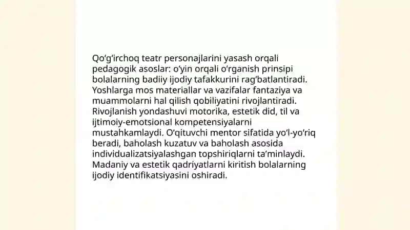 Maktabgacha yoshdagi bolalarni qoʻgʻirchoq teatrini personajlarini yasash orqali badiiy ijodiy qobilyatlarini shakllantirishning tarbiyaviy ahamiyati 3