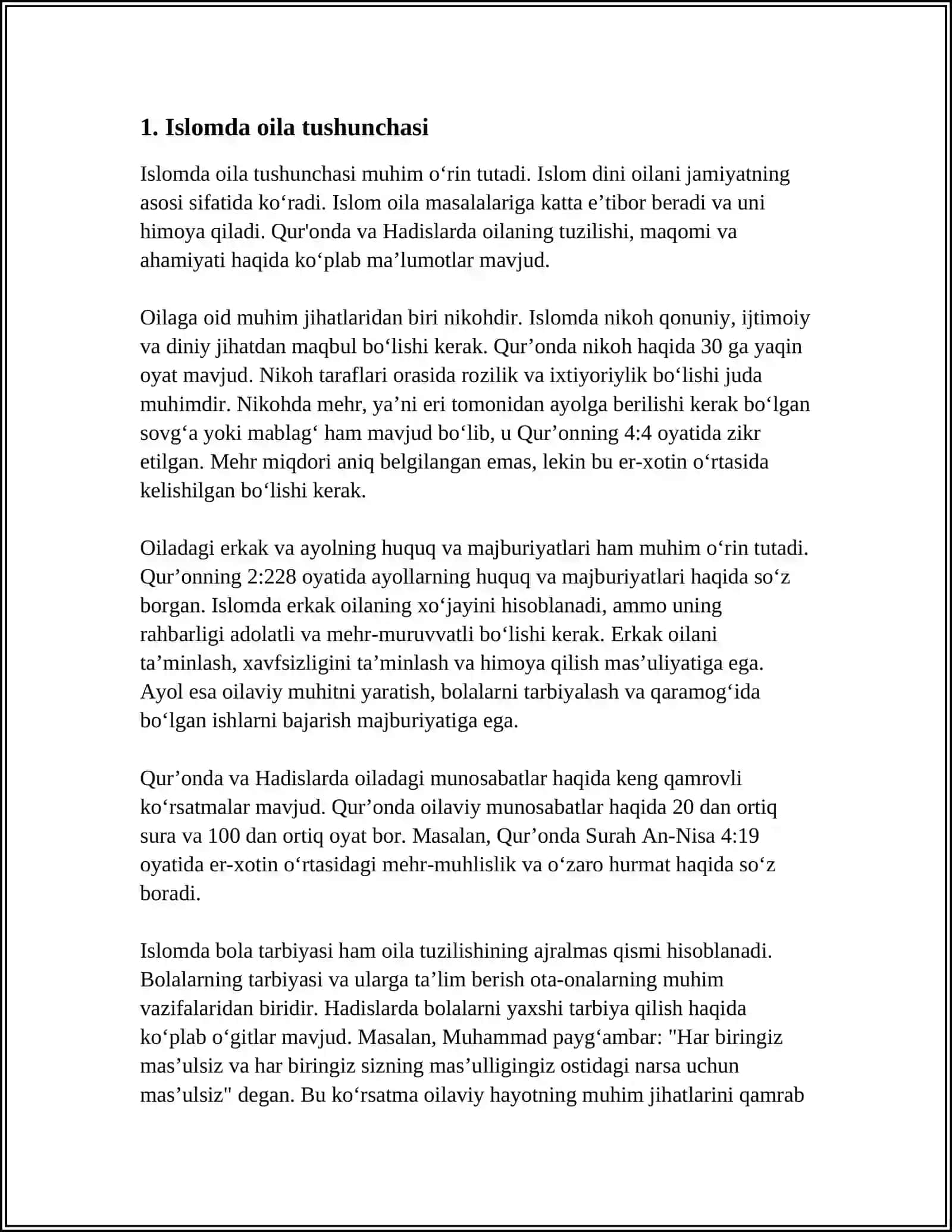 ISLOM XUQUQSHUNOSLIGIDA OILA, NIKOX, TALOQ, IDDA, ZIXOR TUSHUNCHALARINING TA'RIFLASH VA ESSE TAYYORLASH 3
