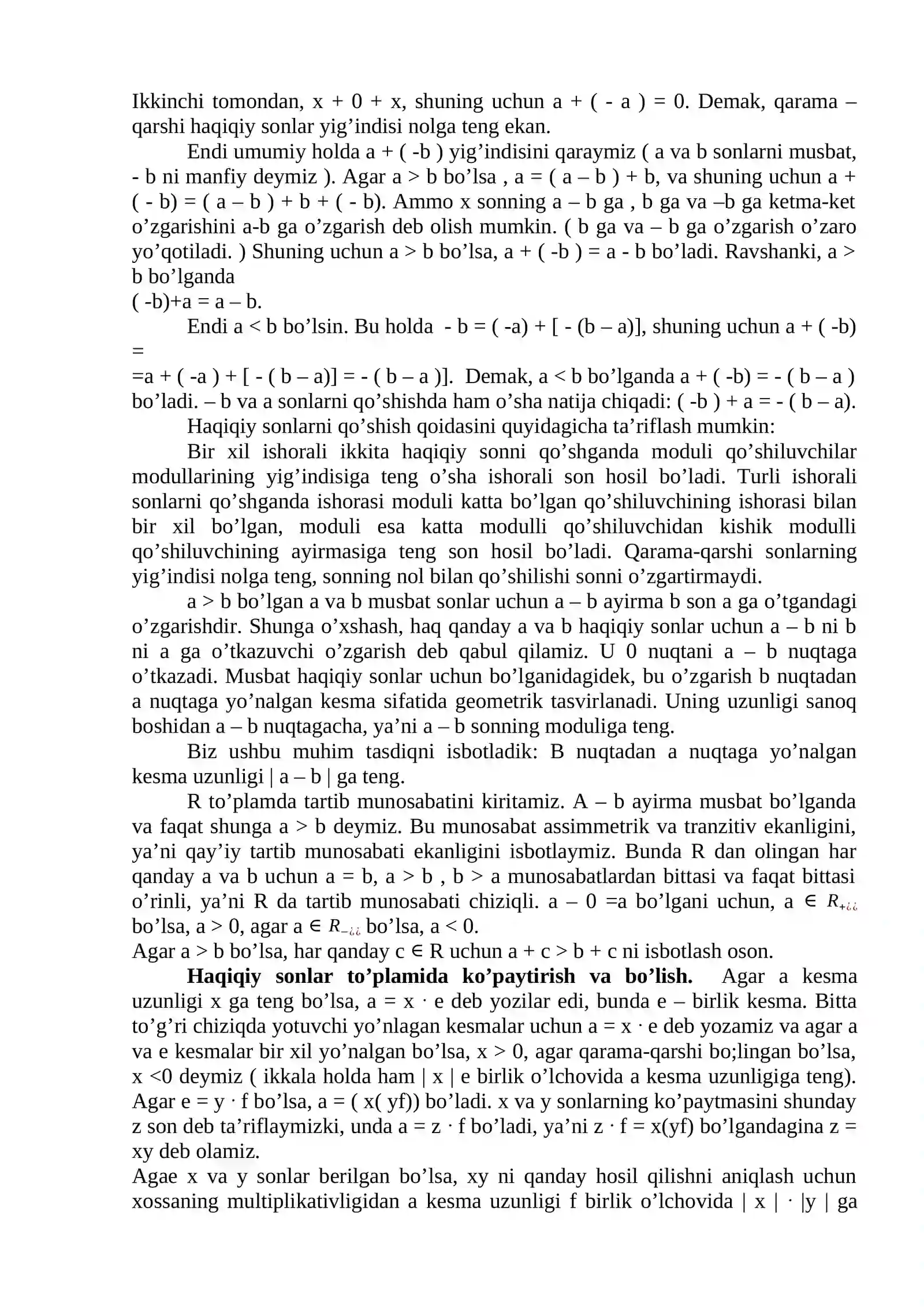 Haqiqiy sonlar. Irrasional son tushunchasi. Davriy bo‘lmagan cheksiz o‘nli kasr. Haqiqiy sonlar ustida arifmetik amallar. Qo‘shish qonunlari. Haqiqiy sonlar to‘plamining xossalari. Ko‘paytirish qonunlari 3