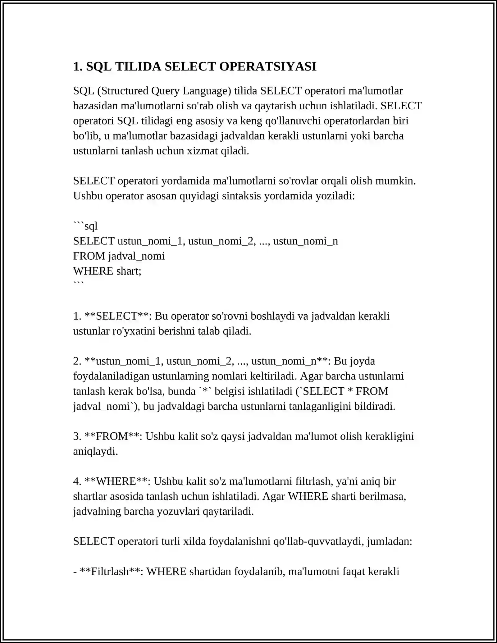 SQL TILIDA STANDART VA AGREGAT FUNKSIYALAR 3