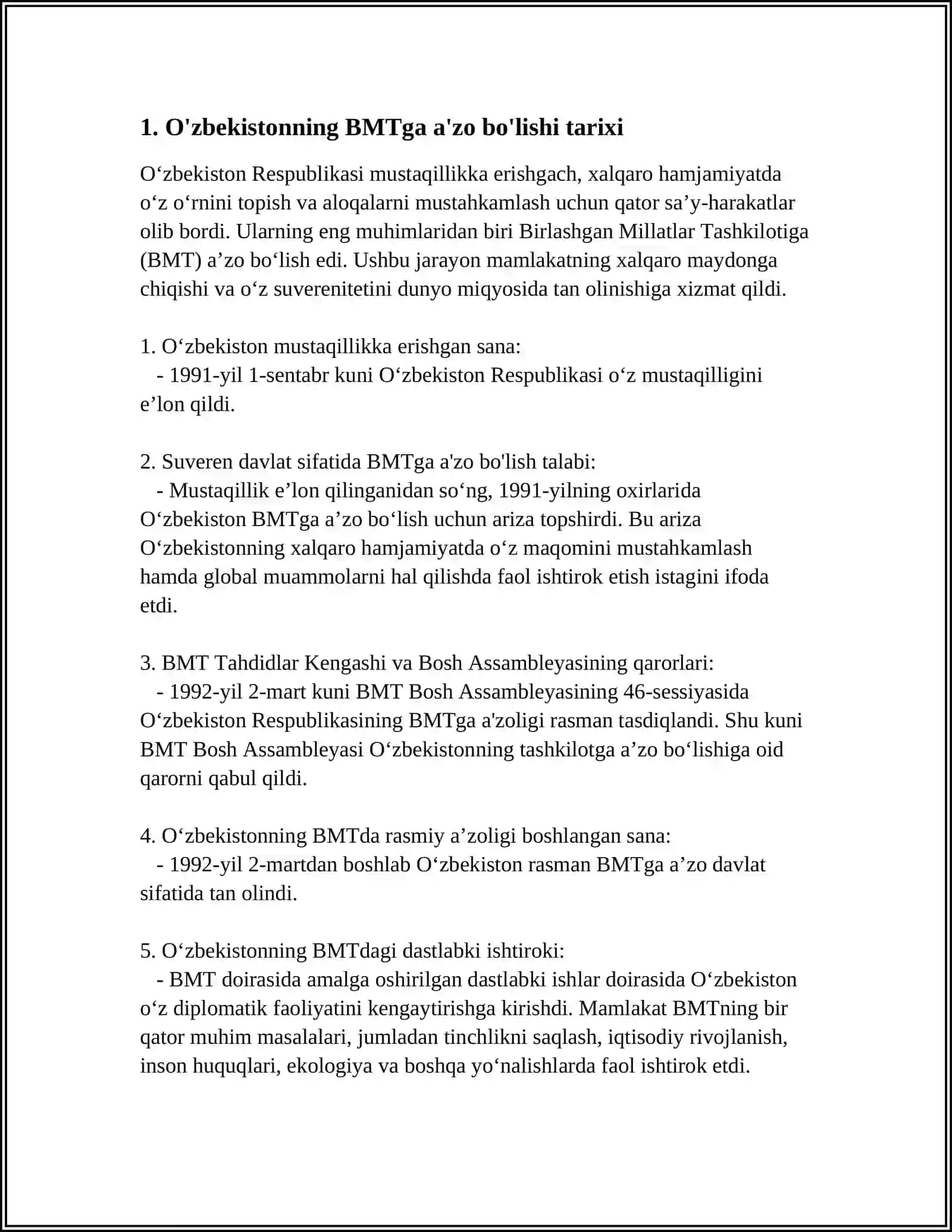 O'ZBEKISTON RESPUBLIKASI BMT GA A'ZO BO'LISHI JAHON HAMJAMIYATIDAGI O'ZIGA XOS O'RINNI 3