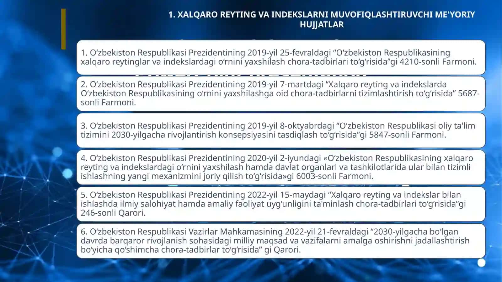 O‘zbekiston Respublikasining xalqaro reyting va indekslardagi o‘rnini yaxshilash hamda davlat organlari va tashkilotlarida ular bilan tizimli ishlashning yangi mexanizmini joriy etish 3