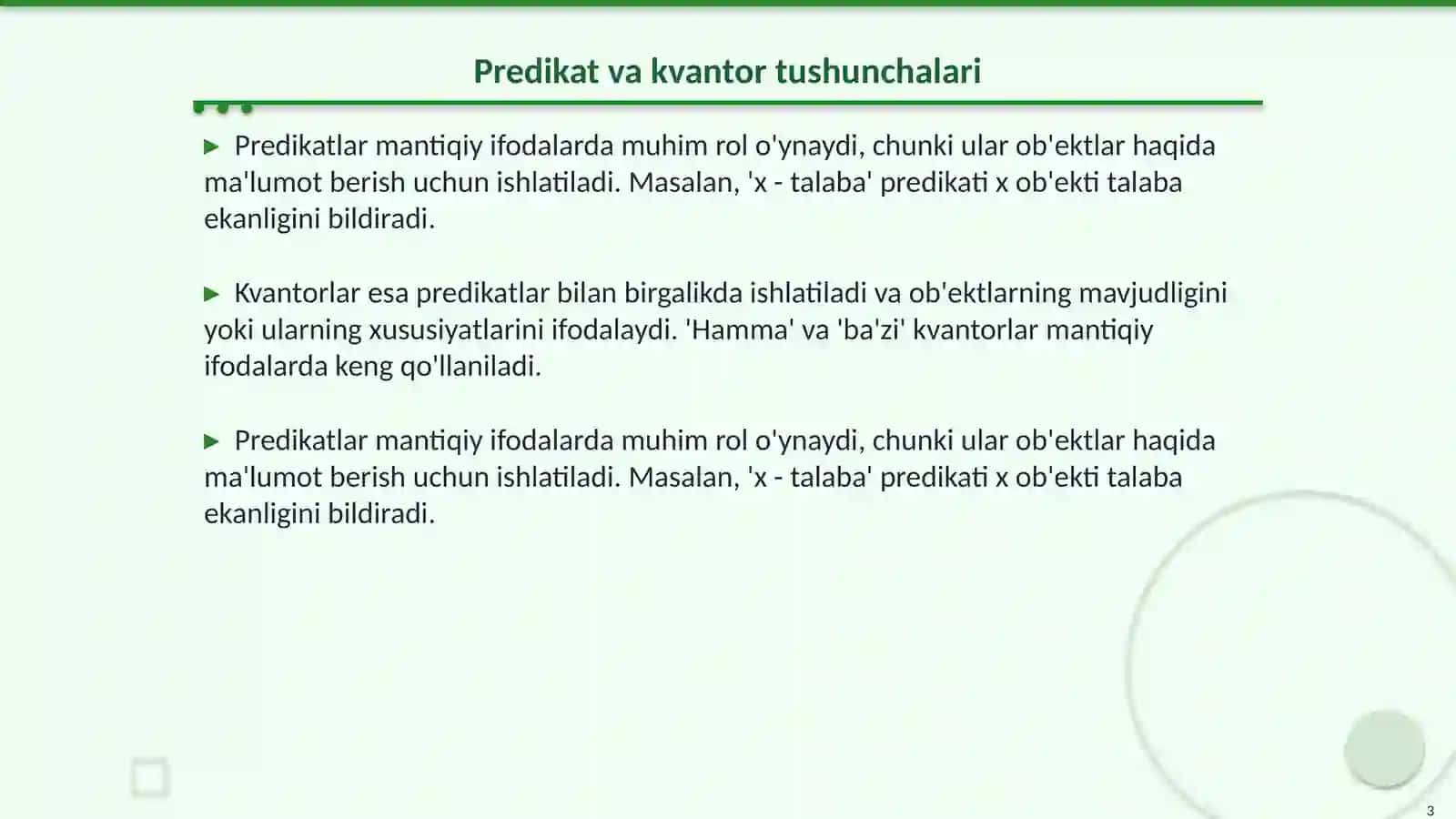 Predikatlar va kvantorlar ularga oid misollar va masalalar yechish 3