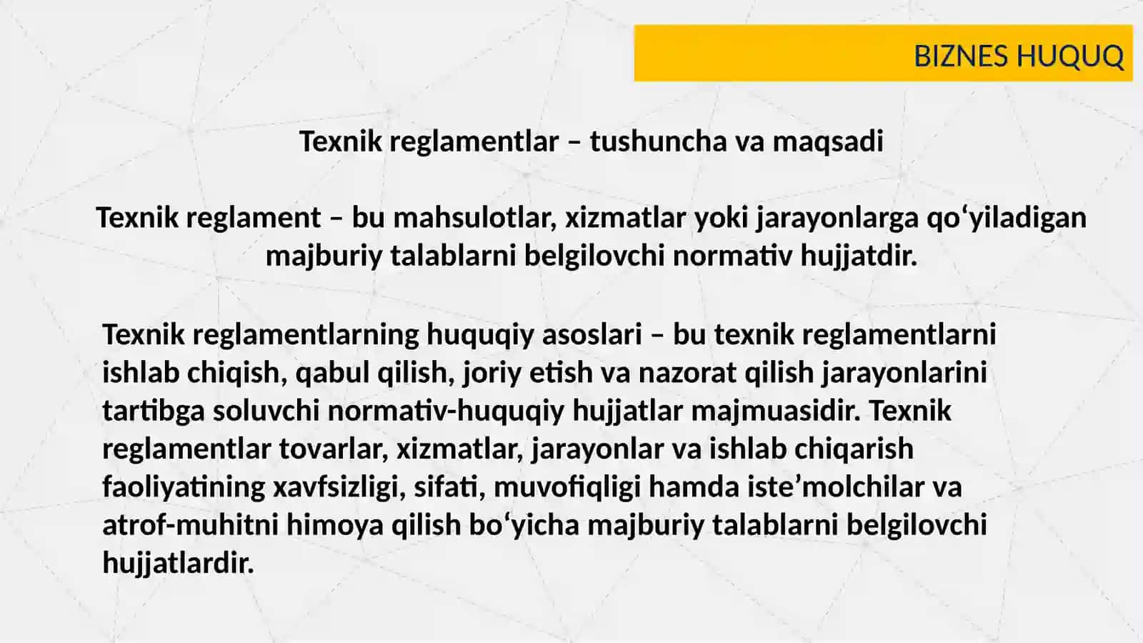Texnik reglament maqsadi  mazmuni ishlab chiqish va  qabul qilish tartibi hamda texnik reglamentlarni qayta ko’rib chiqish yoki bekor qilishning o’ziga xos jihatlari 3