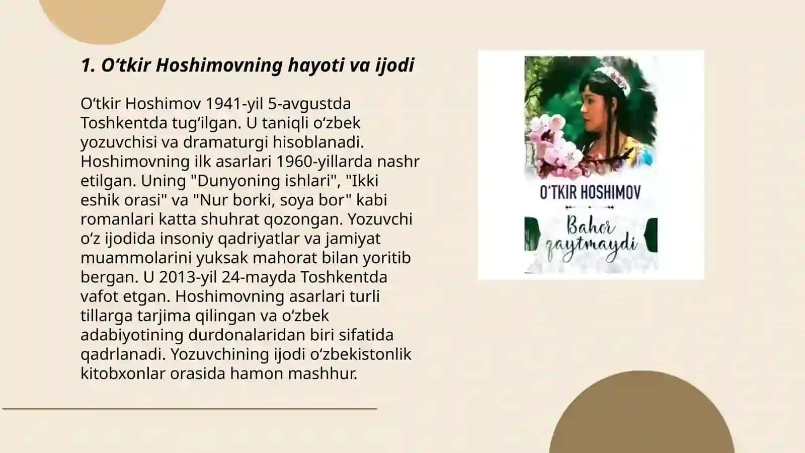 Oʻtkir Hoshimovning' Bahor qaytmaydi 'asari 3