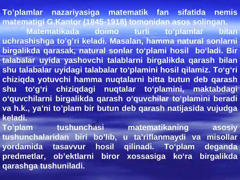 To’plamlar.  To’plamlar nazariyasiningi asosiy tushunchalari. To’plamlar ustida amallar. Asosiy ayniyatlar 3