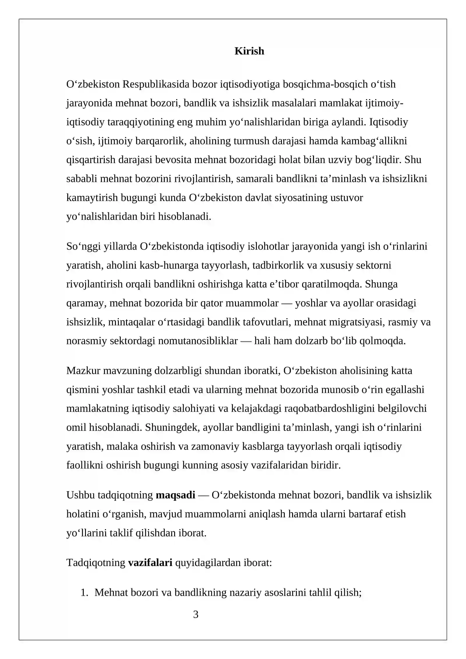 Referat “O‘zbekistonda mehnat bozori, bandlik va ishsizlik muammolari” 3