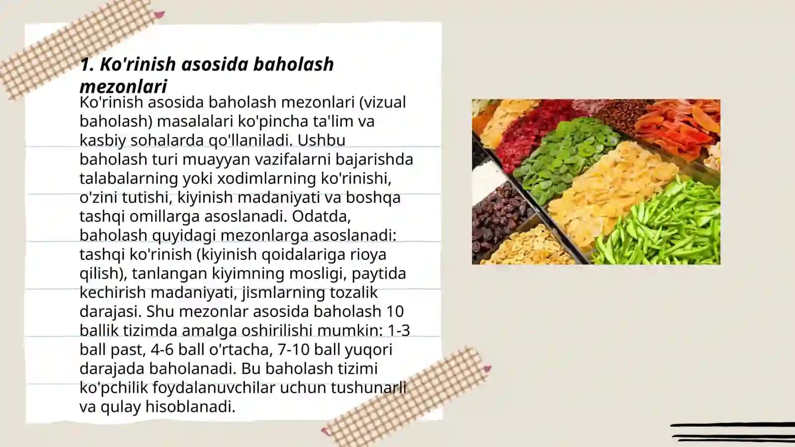 Quritilgan mahsulotlarga sensorik baho berish mezonlari 3