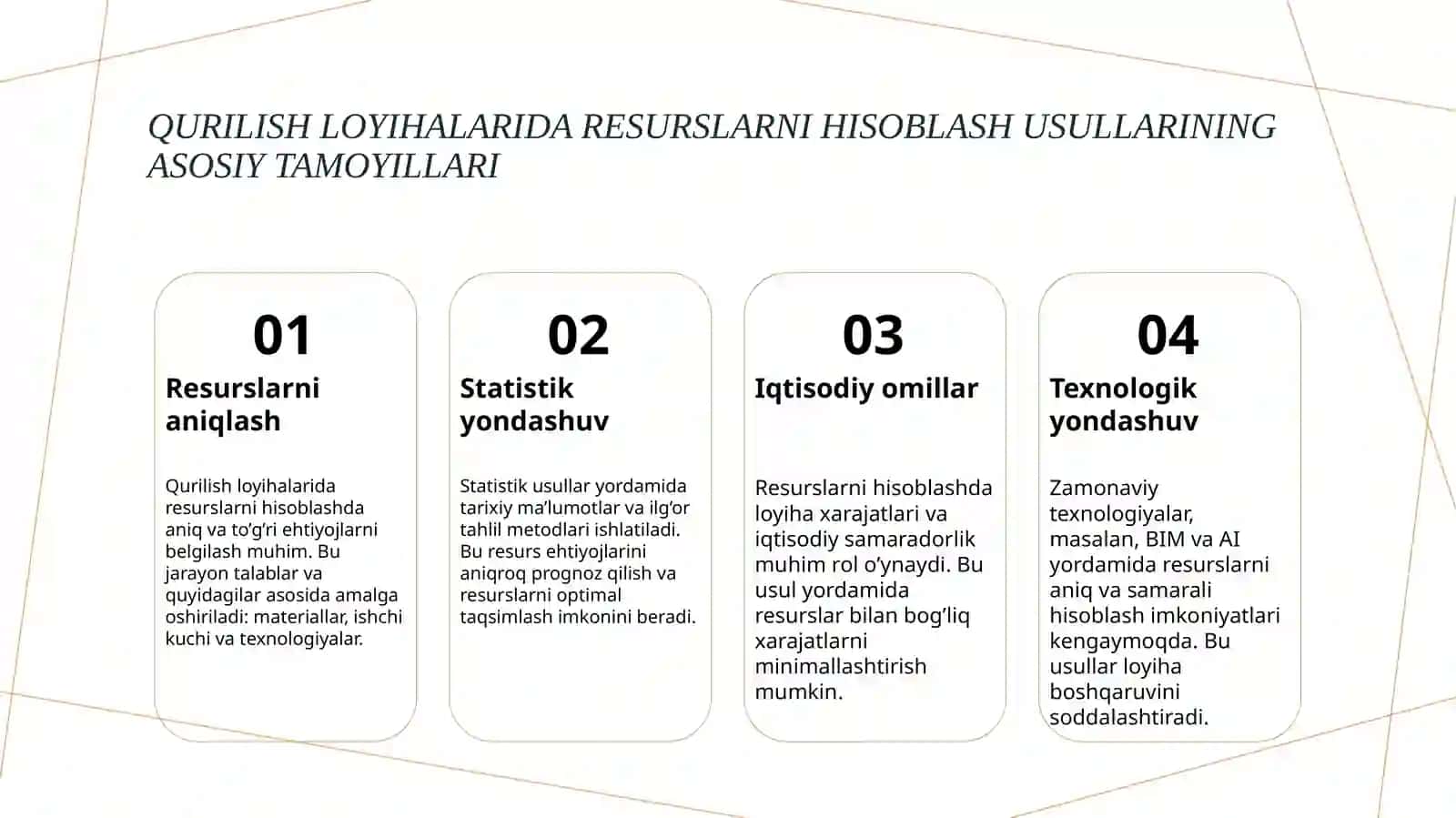 Qurilish loyihalarida resurslarni hisoblash usullari 3