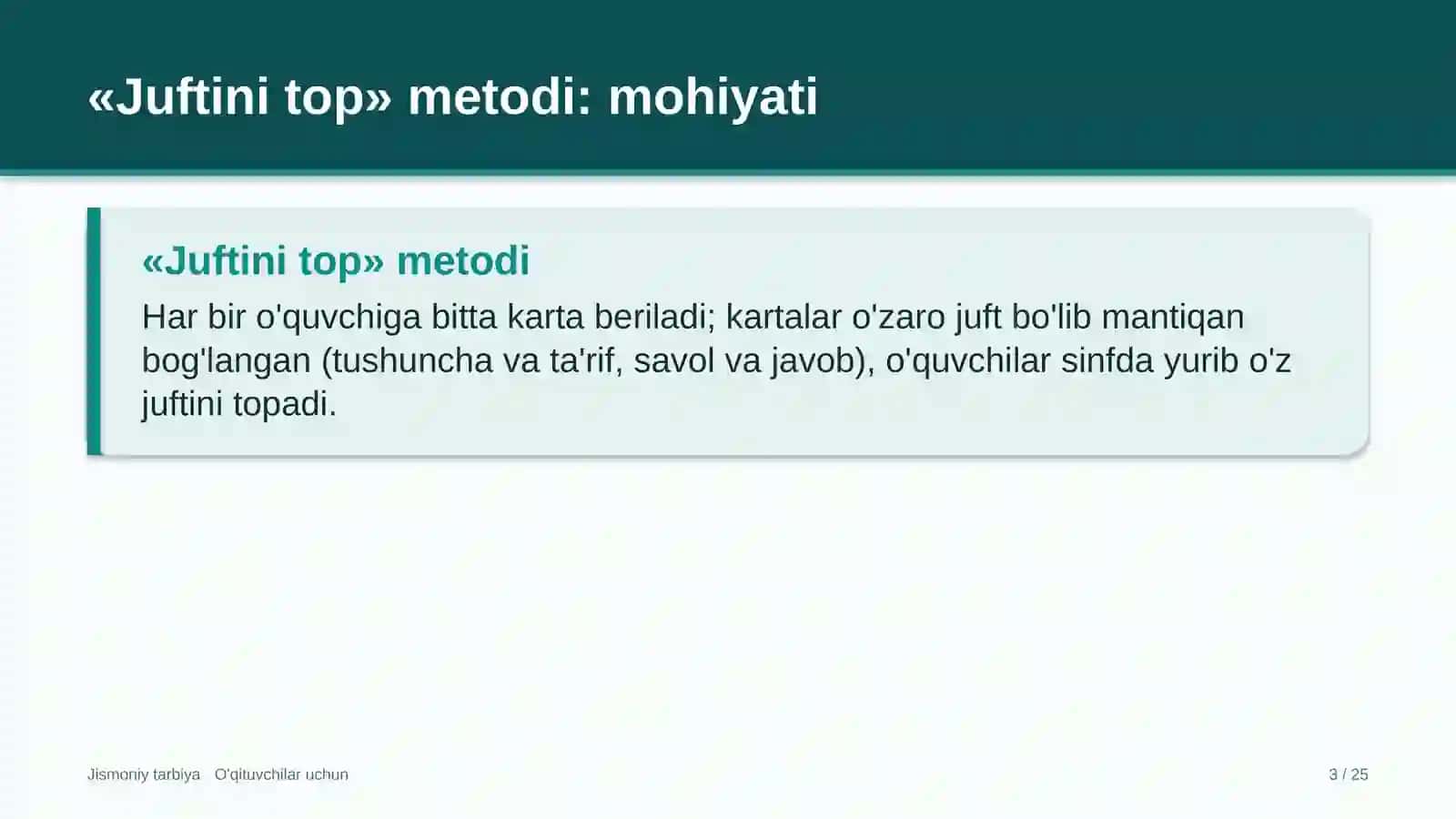 jismoniy tarbiya darslarida juftini top metodidan foydalanish 2750 3