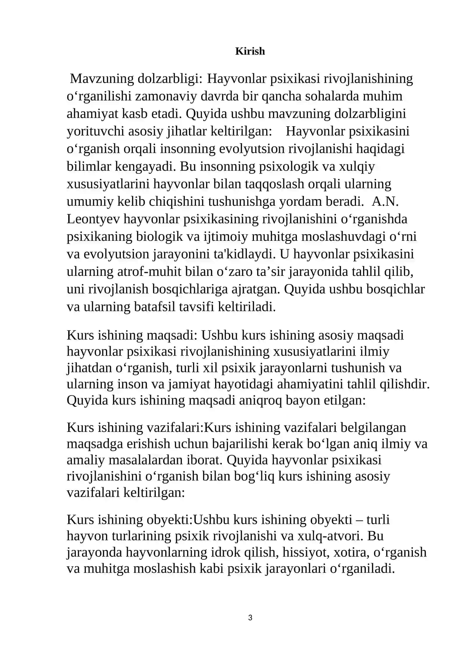 "Hayvonlar psixikasi rivojlanishining asosiy xususiyatlari va ularning xususiyatlarini aniqlashga yondashuv (Leontiev)" 3