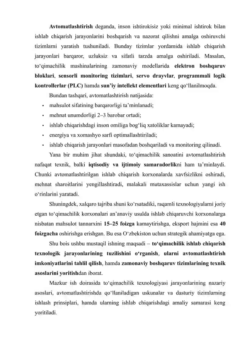 TO‘QIMA ISHLAB CHIQARISH TEXNOLOGIYA JARAYONLARI VA MASHINALARNI AVTOMATLASHTIRISH 3