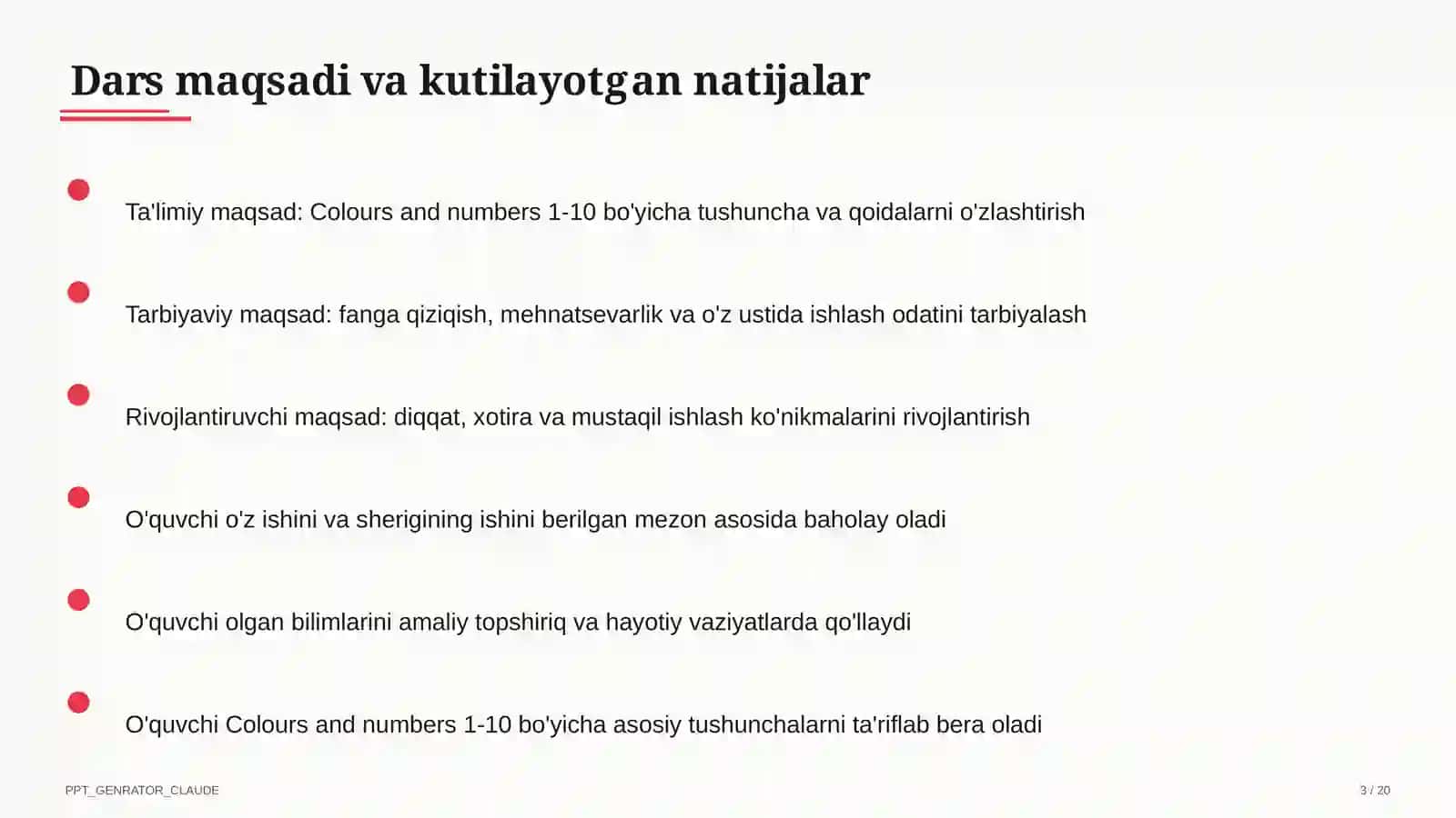 Colours and numbers 1-10 (1-sinf) 3