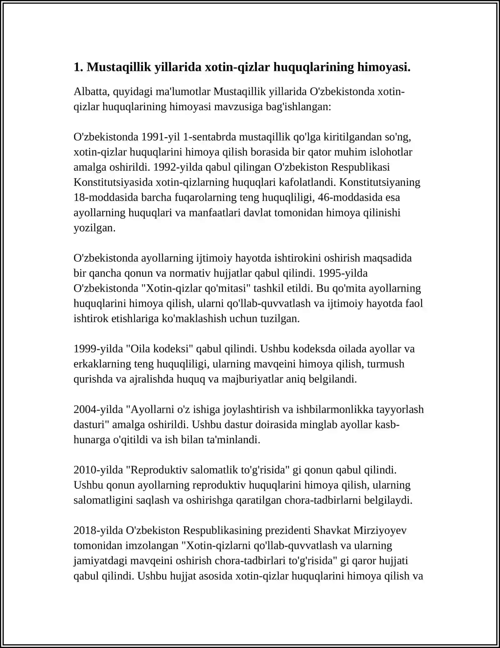MUSTAQILLIK YILLARIDA O'ZBEKISTONDA XOTIN-QIZLARGA MUNOSABAT 3