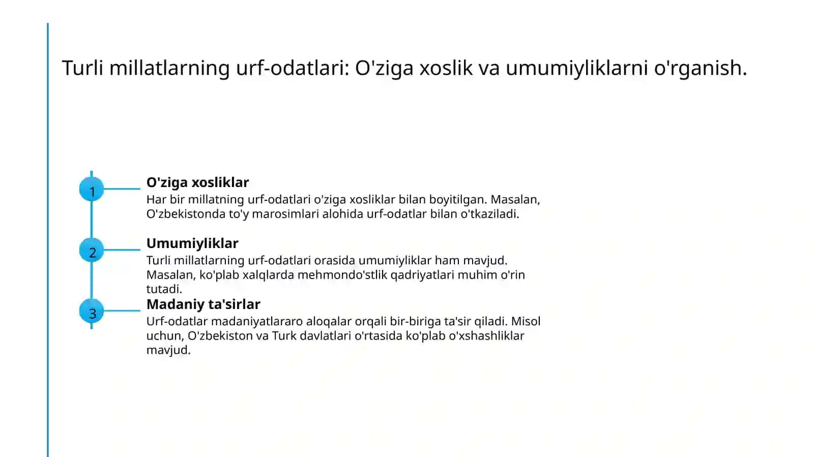 Turli millatlarning urf odatlari va an'analari mavzusida ijodiy matn tuzish. Turli millat qadriyatlarini Konseptual jadval asosida qiyoslash 3