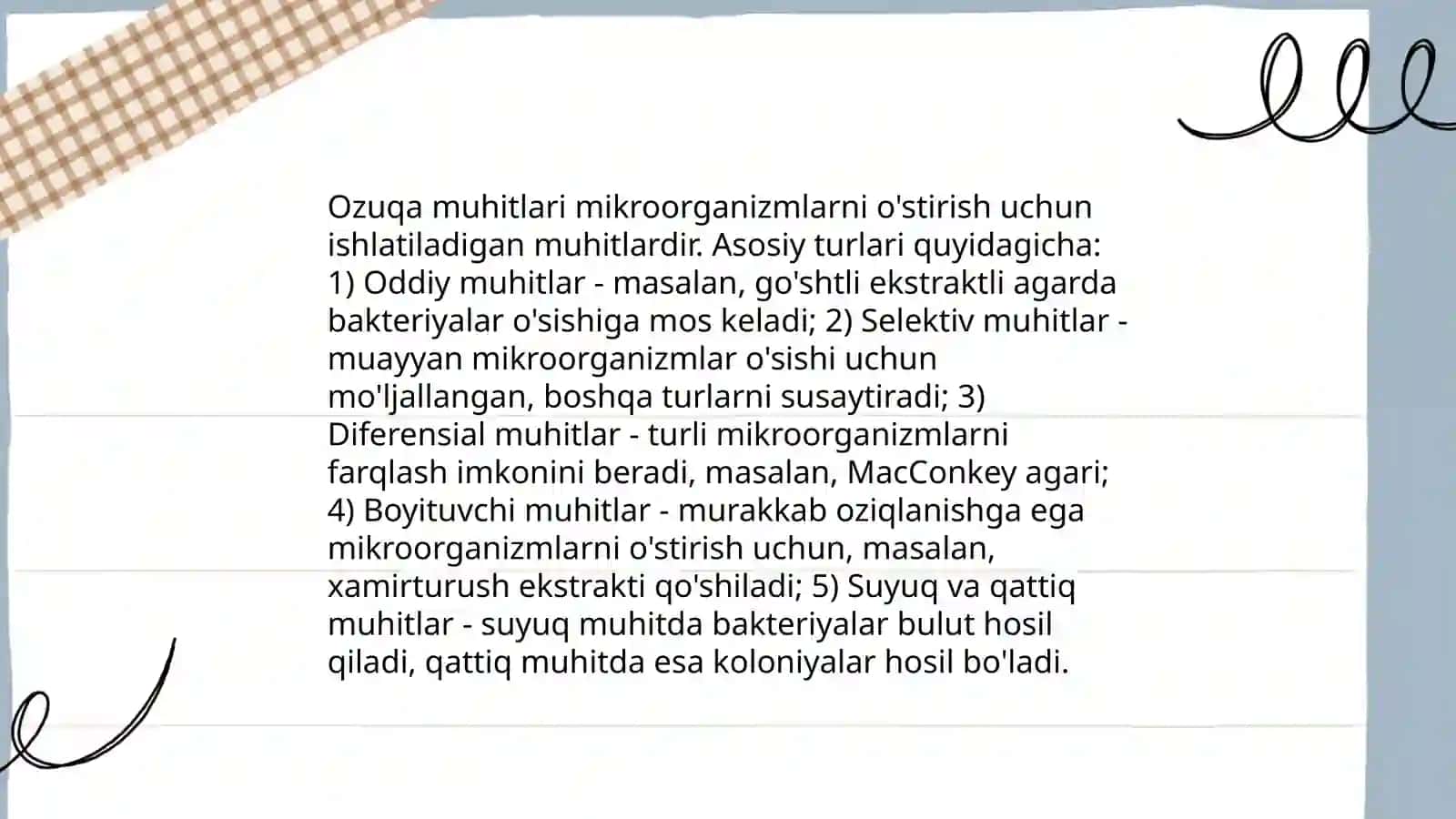 Ozuqa muhitlari. Bakteriyalar hujayrasiga moddalarning oʻtish mexanizmi. Roli 3