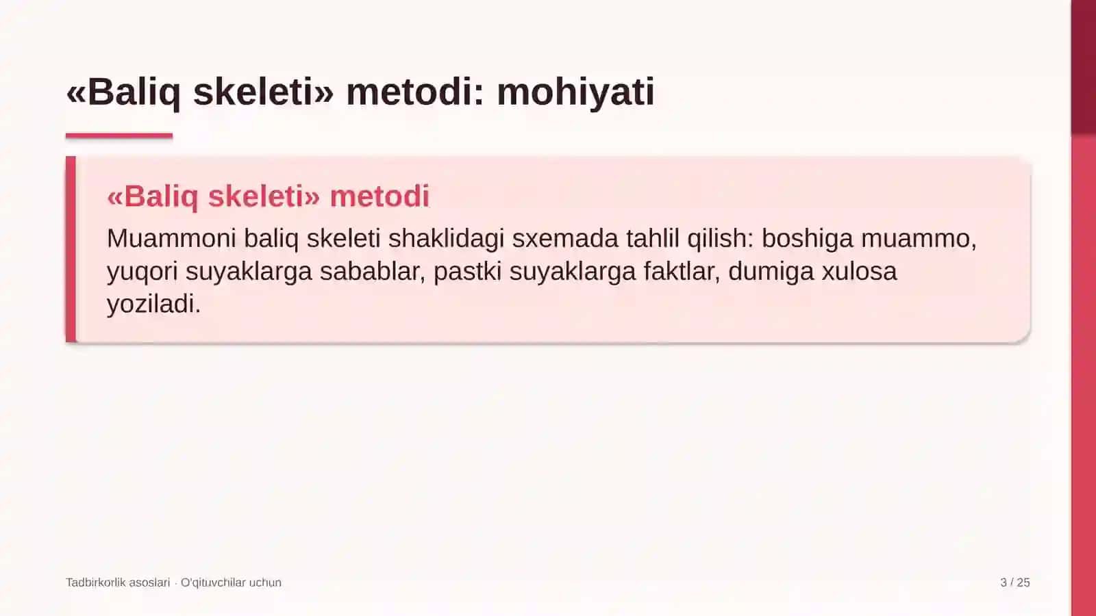 tadbirkorlik asoslari darslarida baliq skeleti metodidan foydalanish 2061 3