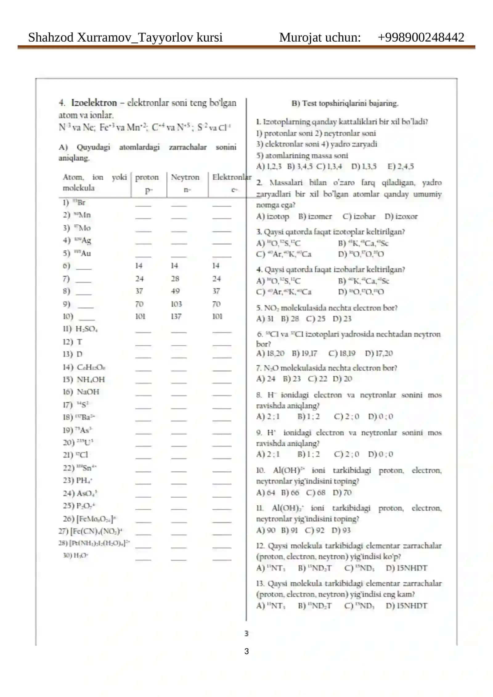 Kimyodan masalalar to'plami DTM FORMATIDA KALITI BILAN 3