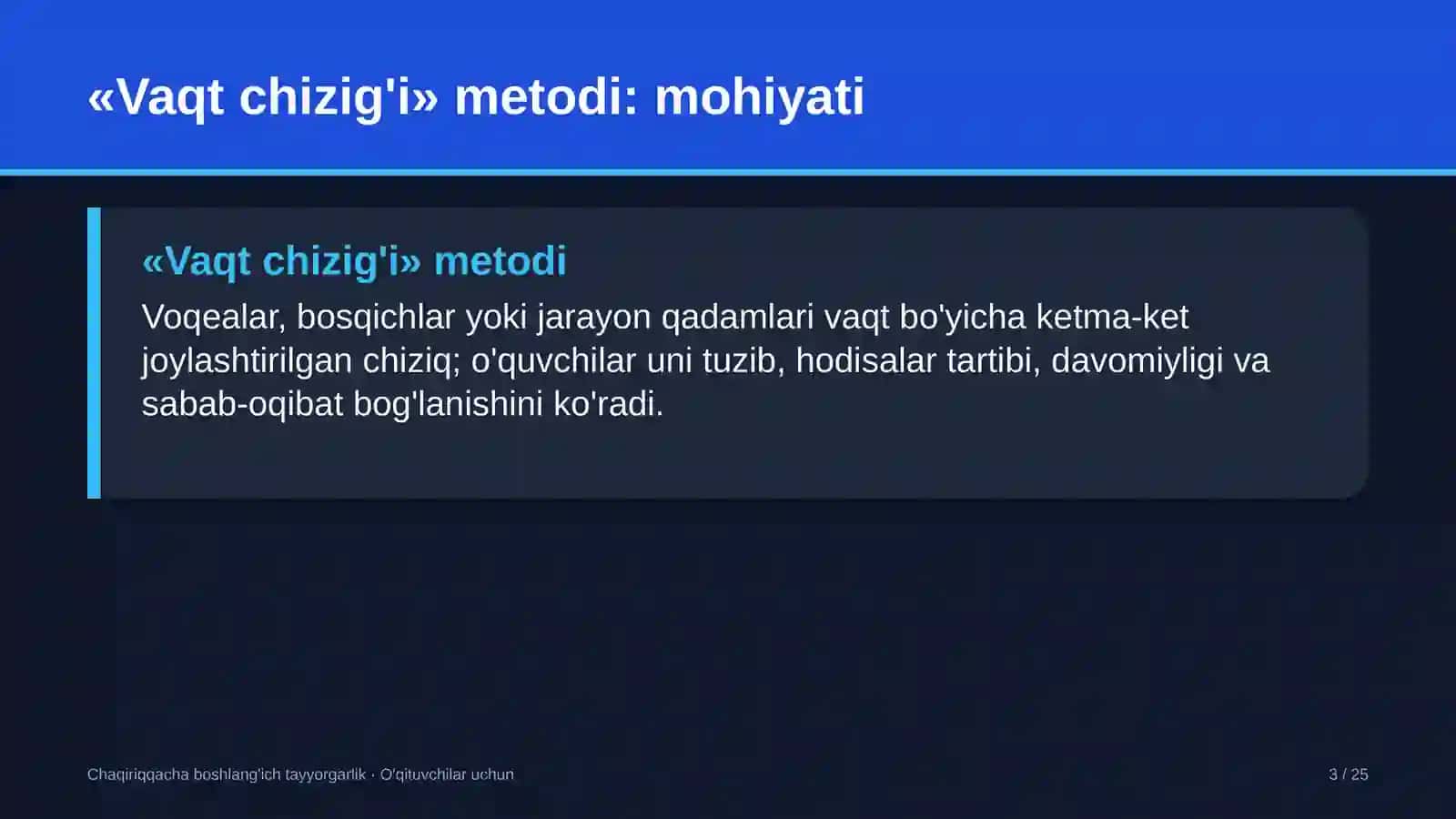 chaqiriqqacha boshlang'ich tayyorgarlik darslarida vaqt chizig'i metodidan foydalanish 7072 3