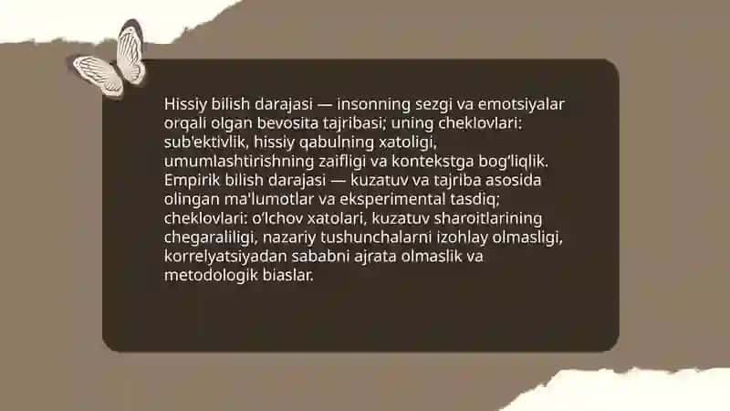 Hissiy, empirik, nazariy, mantiqiy, intuitiv, bilishdarajalarining o‘zaro aloqasi va farqi 3
