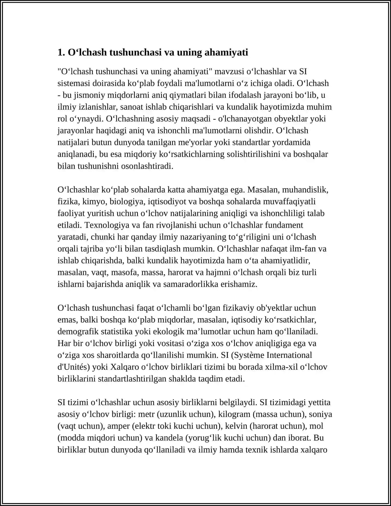 Oʻlchashlar va Asosiy Oʻlchov Birliklarini SI Sistemasida Ifodalash 3