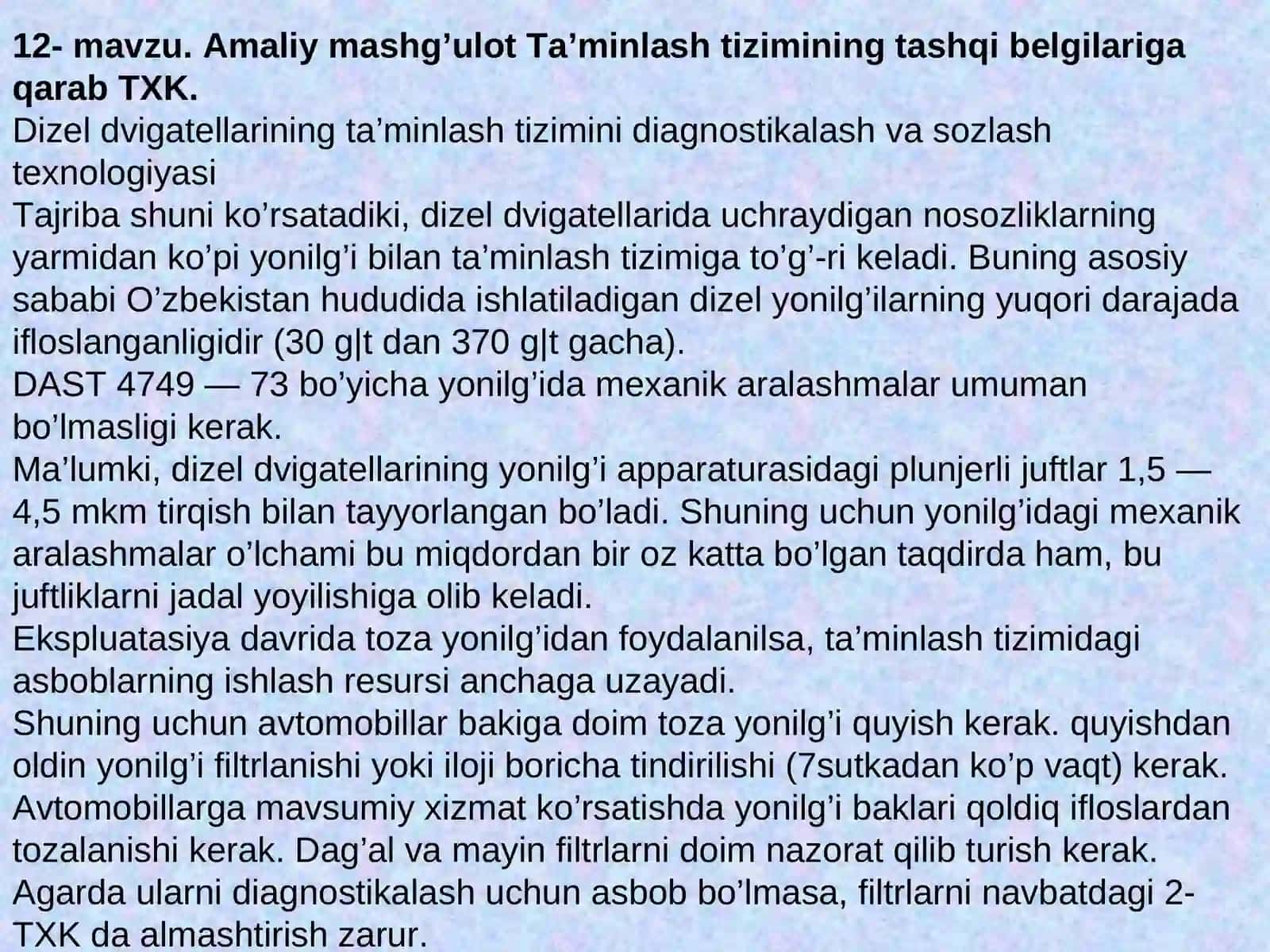 TXK da karbyuratorli dvigatellarni ta’minlash tizimi bo’yicha 3