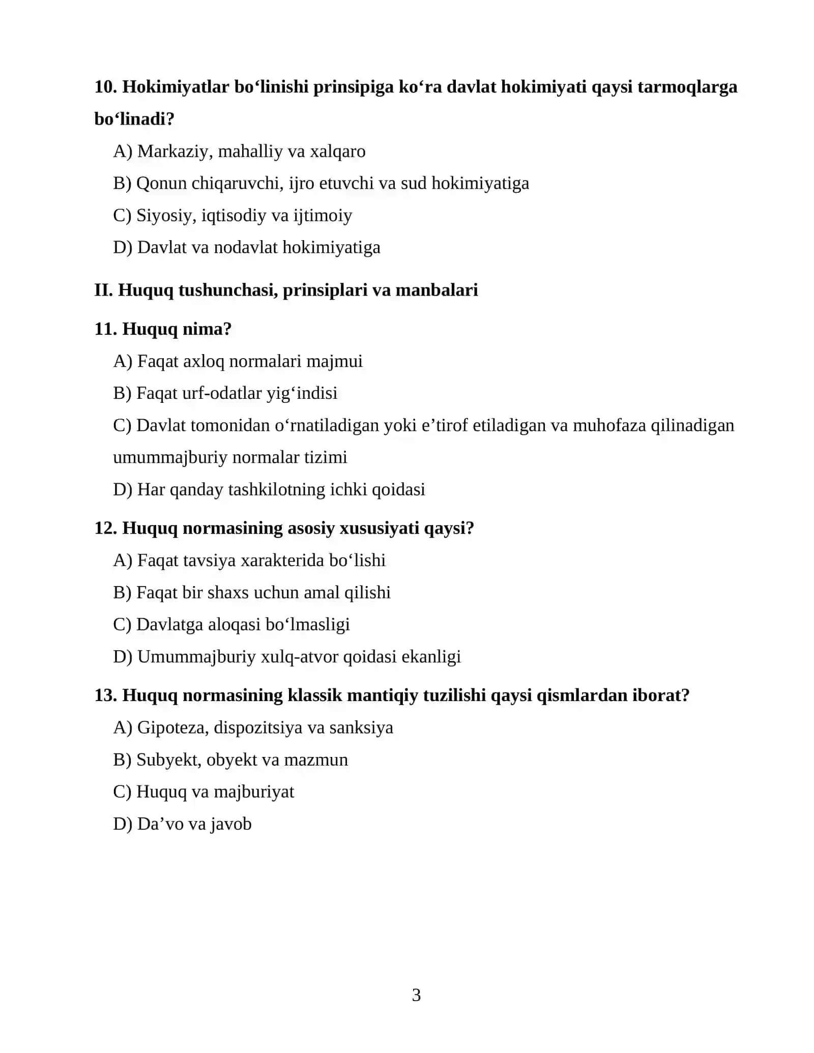 HUQUQSHUNOSLIK FANIDAN OTM 1-KURS UCHUN 100 TA TEST 3