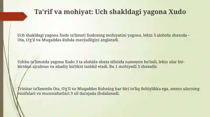 Xristianlik ta'limotida Yakka xudoning uch qiyofasi haqidagi ta'limot 3