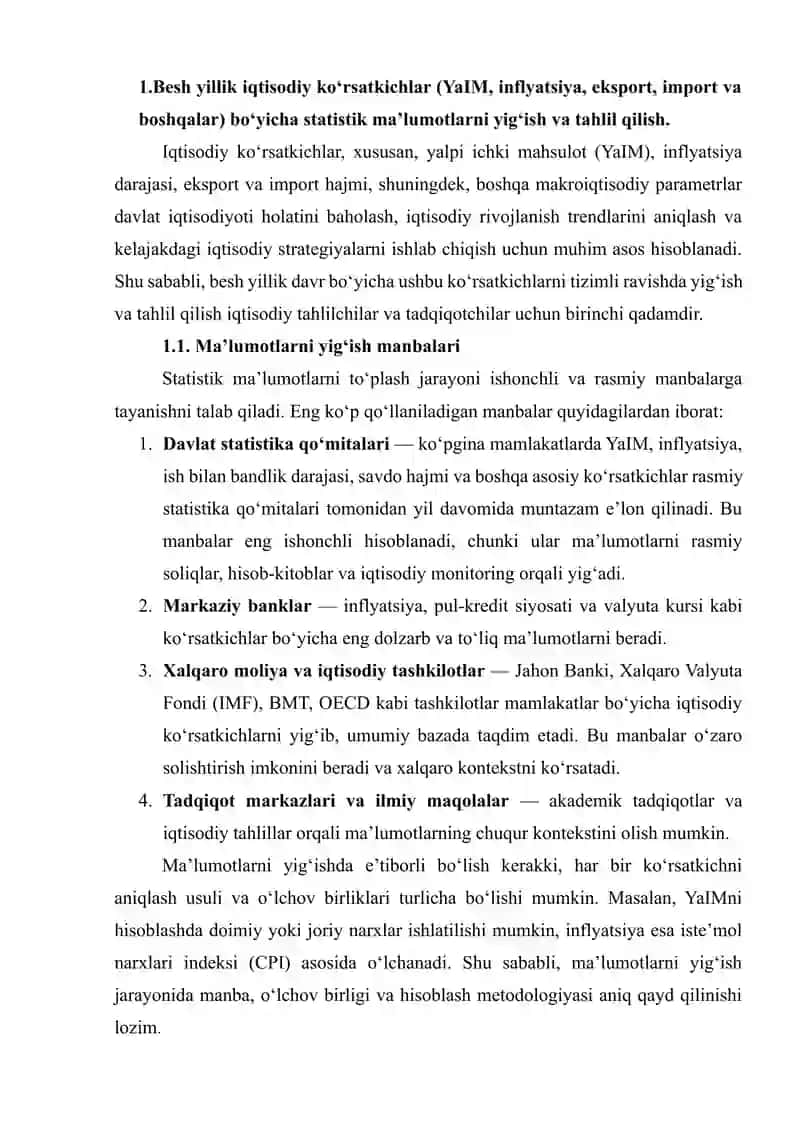 Besh yillik iqtisodiy ko‘rsatkichlar bo‘yicha chiziqli va ustunli diagramma tayyorlash 3