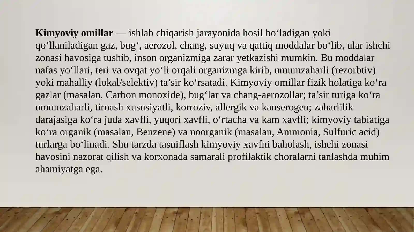 Kimyoviy omillami umumzaharli va maxsus ta’siri haqida tushuncha. Ishchi zonasi havosining kimyoviy moddalar bilan ifloslanganligini tekshirish va baholash (ekspress-usullar). Korxonada sogLomlashtirish tadbirlari 3
