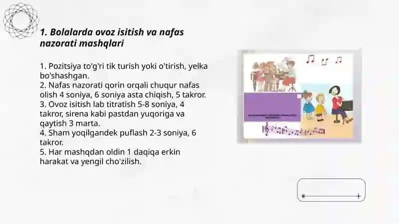 Bolalarni ashula aytish musiqa tinglash va musiqaviy ritmik xarakatlarni o’rgatish 3